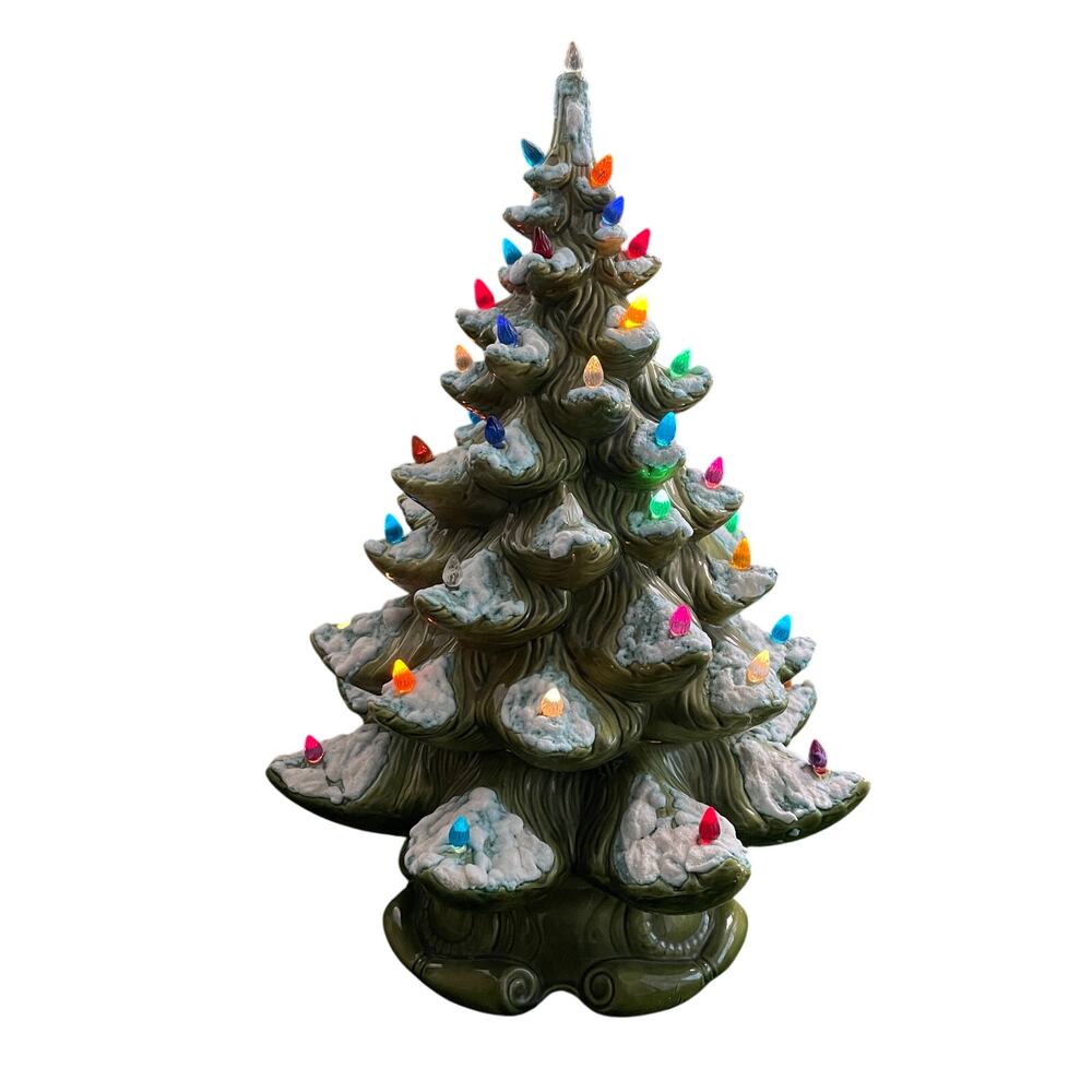 Vintage Atlas 20" Ceramic Christmas Tree Lighted Snow Flocked Works